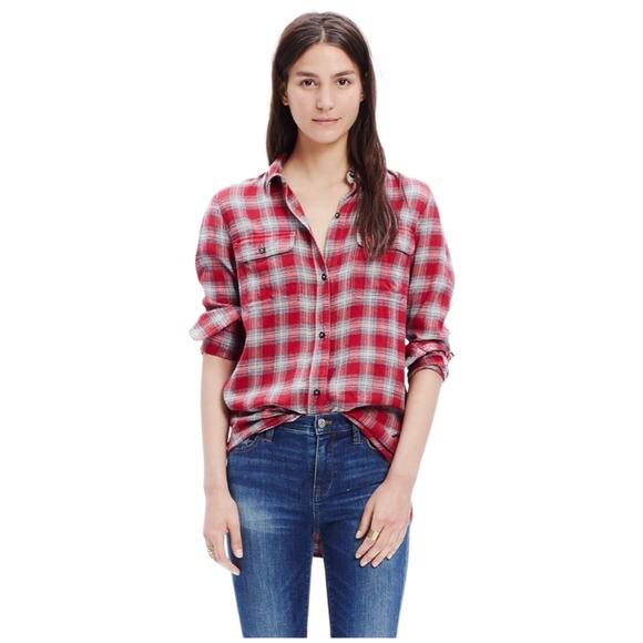 Madewell Ex-Boyfriend Shirt in Fairfax Plaid Button Front Size Small Red Grey - Picture 2 of 9